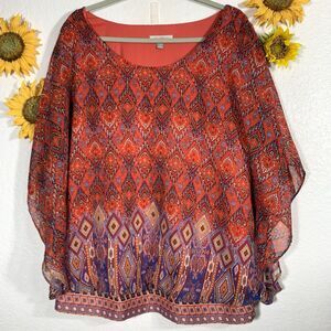 Roz & Ali Red White Blue Yellow Pattern Boho Blouse Plus Size 2X